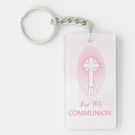 パーソナライズされたピンク最初の聖餐式クロスホスト キーホルダー (正面)
