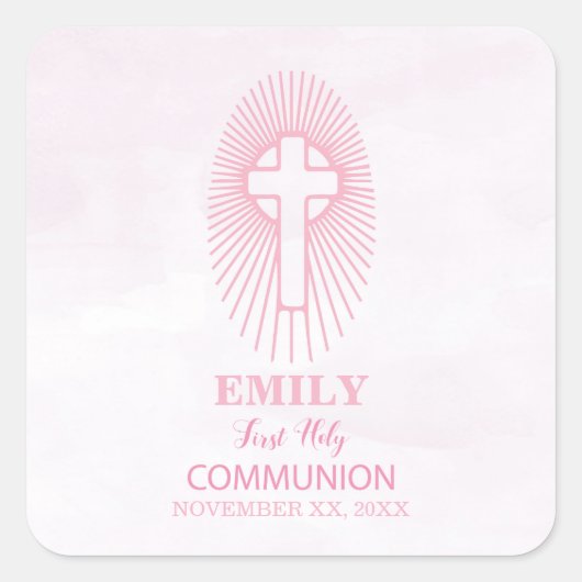 パーソナライズされたピンク最初の聖餐式クロスホスト スクエアシール (正面)