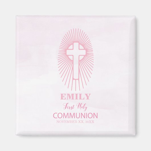 パーソナライズされたピンク最初の聖餐式クロスホスト マグネット (正面)