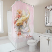 パーソナライズされたピンク水彩金ゴールドコイ魚フローラ シャワーカーテン (インサイチュ)