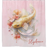 パーソナライズされたピンク水彩金ゴールドコイ魚フローラ シャワーカーテン (正面)