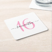 パーソナライズされたピンク甘い16 スクエアペーパーコースター (アングル)