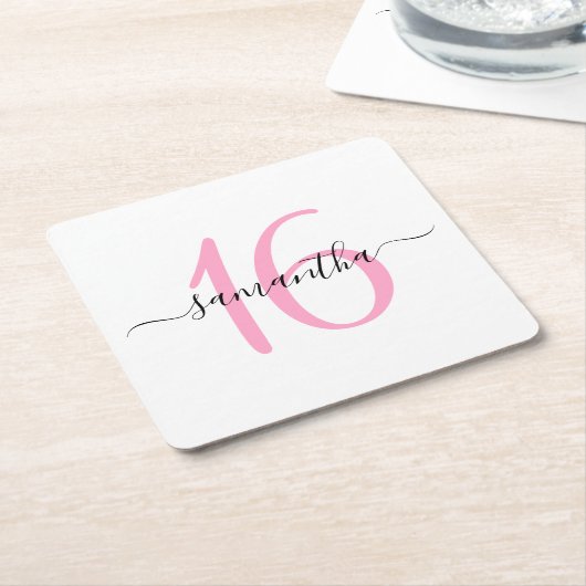 パーソナライズされたピンク甘い16 スクエアペーパーコースター (アングル)