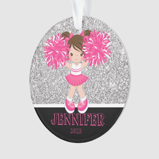パーソナライズされたピンク&シルバーチアリーティングオーナメント オーナメント (正面)