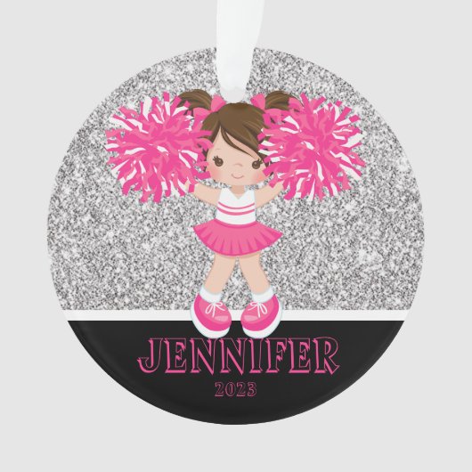 パーソナライズされたピンク&シルバーチアリーティングオーナメント オーナメント (正面)