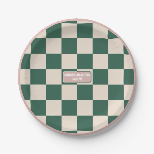 パーソナライズされたピ市松模様にックと緑 ペーパープレート (正面)