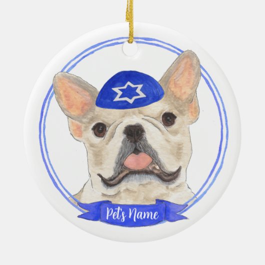 パーソナライズされたファウンタンフレンチエドッグハヌカー セラミックオーナメント (裏面)