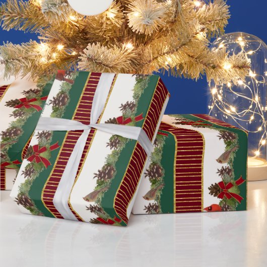 パーソナライズされたファミリークリスマス(鳥)ショウジョウコウカンチョウパインコーン ラッピングペーパー (クリスマス)