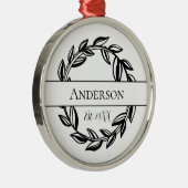 パーソナライズされたファミリー名白黒リーフクリスマス メタルオーナメント (右)