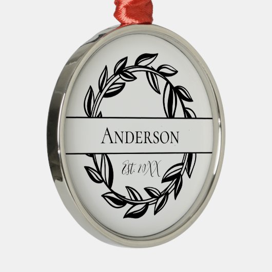 パーソナライズされたファミリー名白黒リーフクリスマス メタルオーナメント (右)