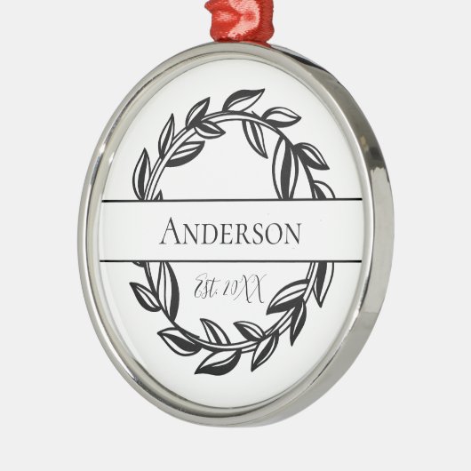 パーソナライズされたファミリー名白黒リーフクリスマス メタルオーナメント (左)