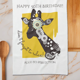 パーソナライズされたファンキーなクールなキリン 面白い誕生日 キッチンタオル