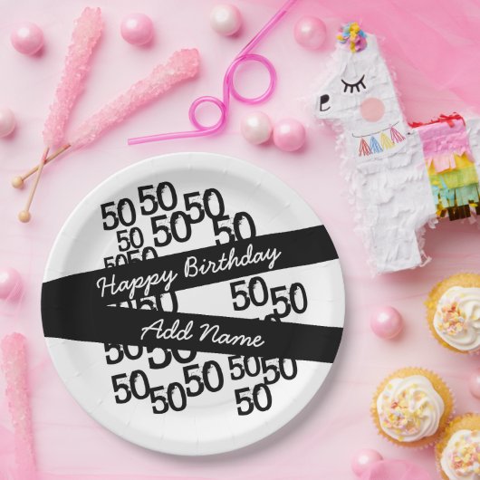 パーソナライズされたファンキー白黒50誕生日 ペーパープレート (パーティー)