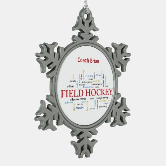パーソナライズされたフィールドホッケーコーチありがとうお言葉 スノーフレークピューターオーナメント (左)