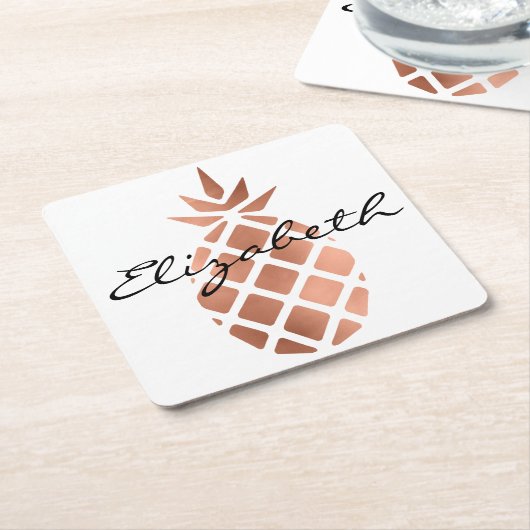 パーソナライズされたフェイクバラ金箔パイナップル スクエアペーパーコースター (アングル)