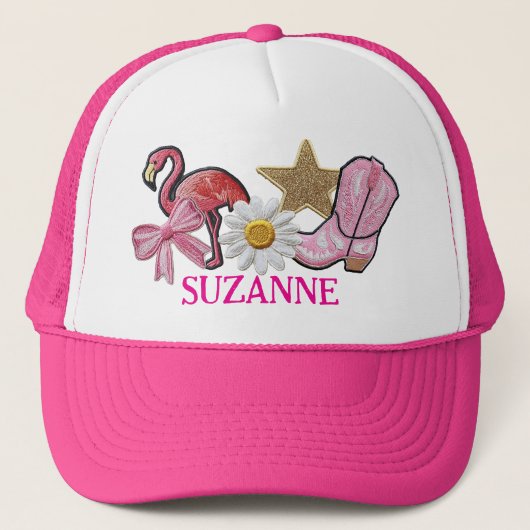 パーソナライズされたフェイクパッチ ピンク ウェスタンブーツ キャップ (正面)