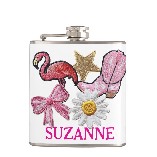 パーソナライズされたフェイクパッチ ピンク ウェスタンブーツ フラスク (正面)