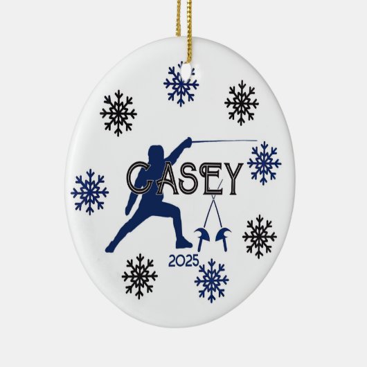 パーソナライズされたフェンシングシルエット及びスノーフレーク セラミックオーナメント (右)