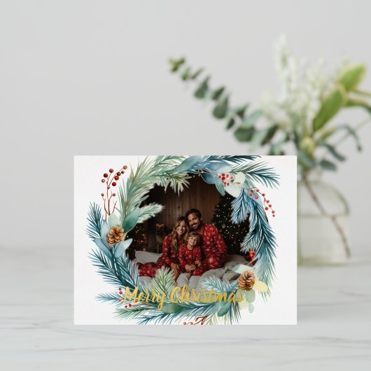 パーソナライズされたフォトウォーターカラークリスマスリース 箔シーズンポストカード (立ち正面)