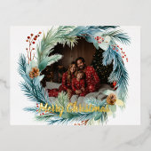 パーソナライズされたフォトウォーターカラークリスマスリース 箔シーズンポストカード (正面)