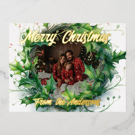 パーソナライズされたフォトウォーターカラーホリーリース 箔シーズンポストカード