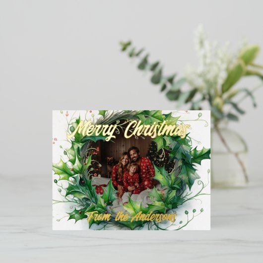 パーソナライズされたフォトウォーターカラーホリーリース 箔シーズンポストカード (立ち正面)