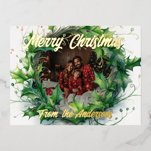 パーソナライズされたフォトウォーターカラーホリーリース 箔シーズンポストカード (正面)