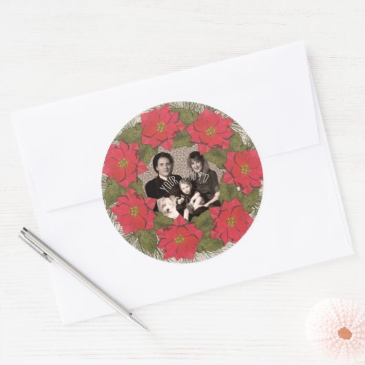 パーソナライズされたフォトウォーターカラーポインセチアリース ラウンドシール (封筒)