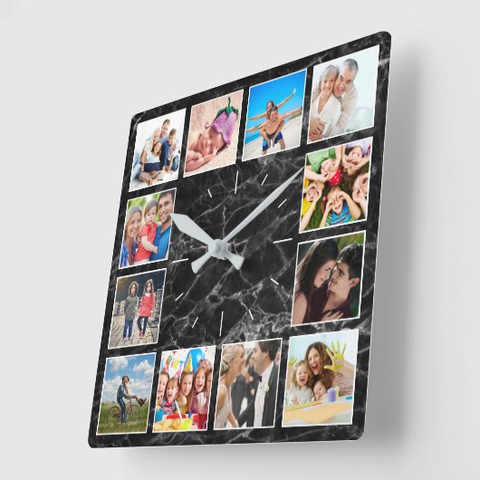 パーソナライズされたフォトコラージュエレガント黒大理石 スクエア壁時計 (傾斜)