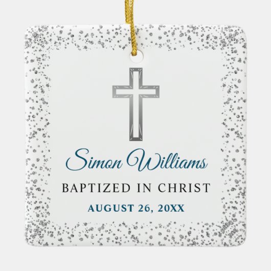 パーソナライズされたフォトシルバーグリッタークロスバプテスマ セラミックオーナメント (正面)