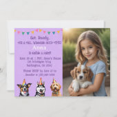 パーソナライズされたフォトパープルパピー誕生日ポーティ 招待状 (正面)