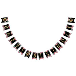 パーソナライズされたフォトピンクフローラブラック金ゴールド誕生日 バンティングフラッグ