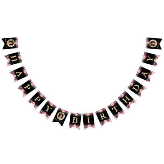 パーソナライズされたフォトピンクフローラブラック金ゴールド誕生日 バンティングフラッグ (全)