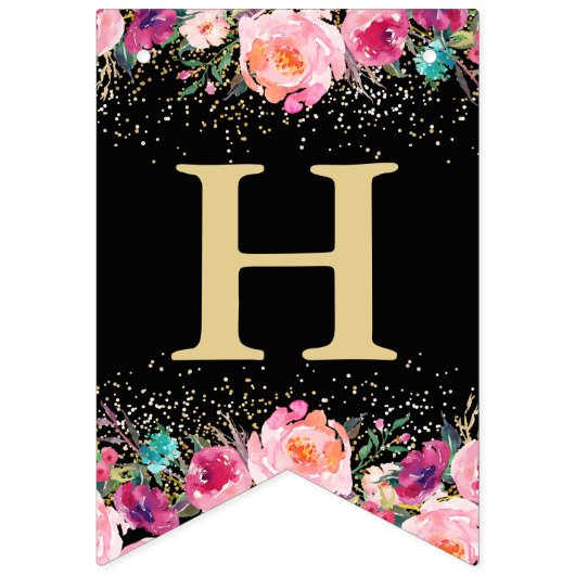 パーソナライズされたフォトピンクフローラブラック金ゴールド誕生日 バンティングフラッグ (第2の旗)