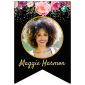 パーソナライズされたフォトピンクフローラブラック金ゴールド誕生日 バンティングフラッグ (第1の旗)