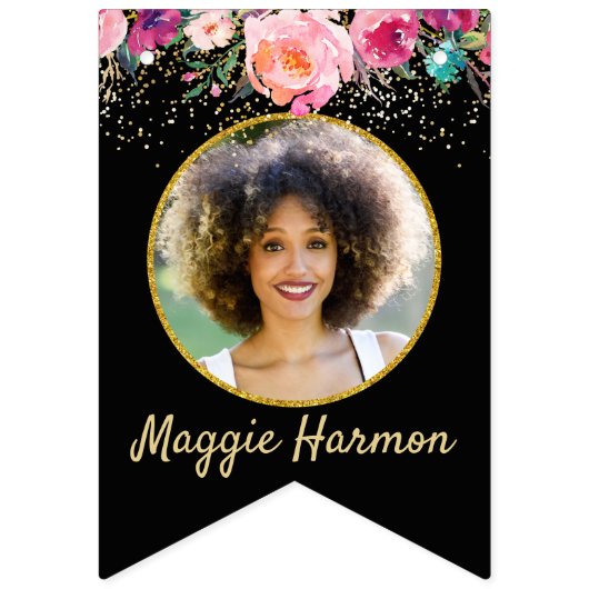 パーソナライズされたフォトピンクフローラブラック金ゴールド誕生日 バンティングフラッグ (第1の旗)