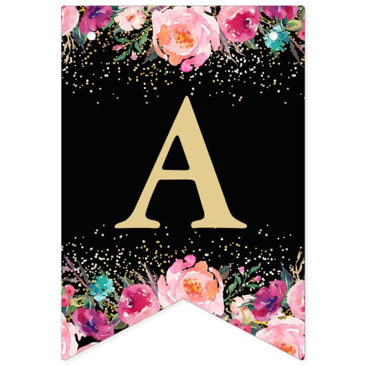 パーソナライズされたフォトピンクフローラブラック金ゴールド誕生日 バンティングフラッグ (第3の旗)