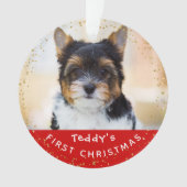 パーソナライズされたフォトペットドッグパピーホリデーレッド金ゴールド オーナメント (正面)