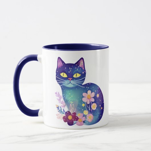 パーソナライズされたフォークアートの花と猫 マグカップ (左)