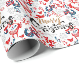 パーソナライズされたフォークアートクリスマスレッドブルースタグズ ラッピングペーパー