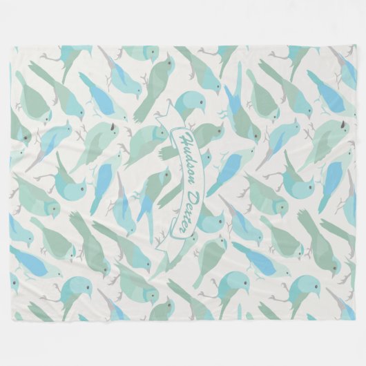 パーソナライズされたフォークアートブルーとミント鳥のパターン フリースブランケット (正面(横))