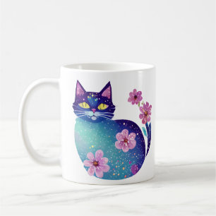 パーソナライズされたフォークアート猫と花 コーヒーマグカップ
