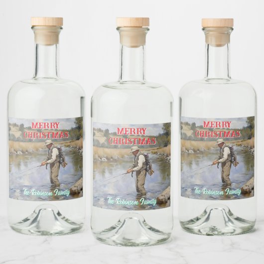 パーソナライズされたフライ釣り陽気なクリスマス リキュールボトルラベル (ボトル)
