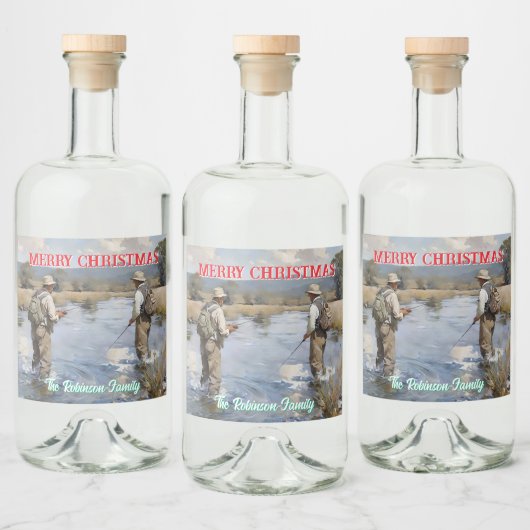 パーソナライズされたフライ釣り陽気なクリスマス リキュールボトルラベル (ボトル)