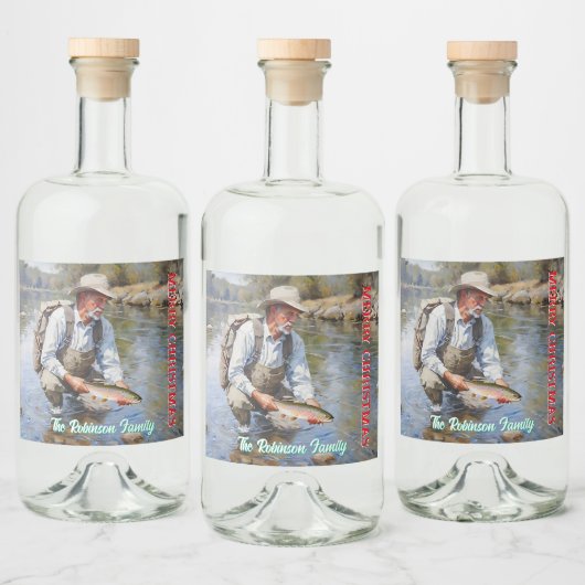 パーソナライズされたフライ釣り陽気なクリスマス リキュールボトルラベル (ボトル)