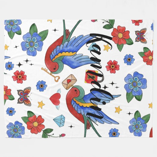 パーソナライズされたフリース投伝統的鳥タトゥー フリースブランケット (正面(横))