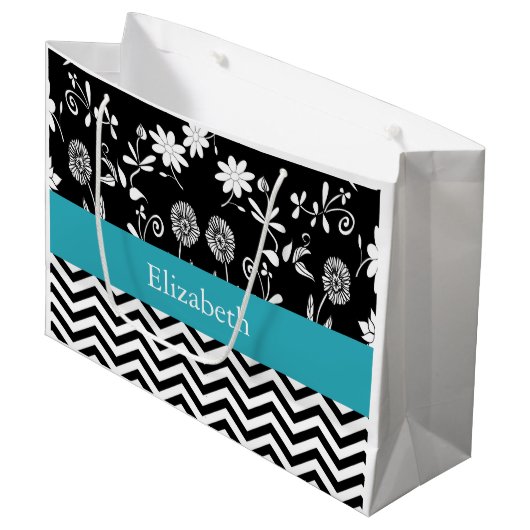 パーソナライズされたフローラとジグザグ模様 ラージペーパーバッグ (正面アングル)