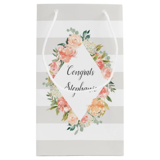 パーソナライズされたフローラとストライプパターン スモールペーパーバッグ (裏面)