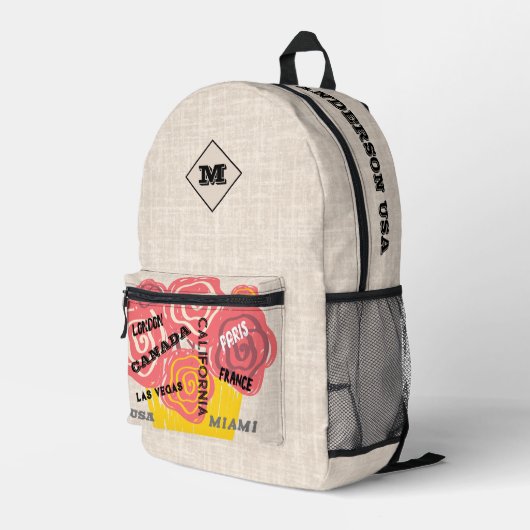 パーソナライズされたフローラとバーラップスタイリッシュデザイン文字 プリントバックパック (裏面右端)