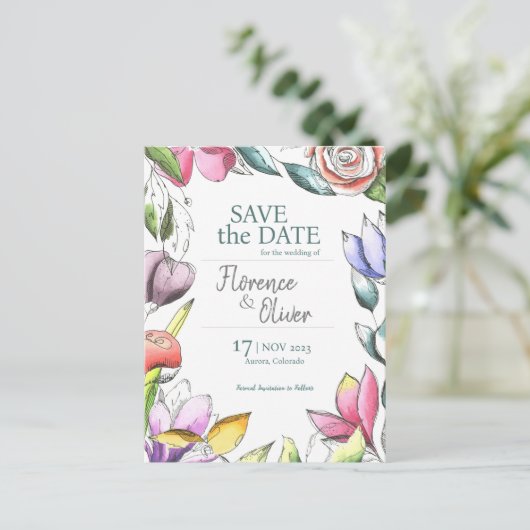 パーソナライズされたフローラの概要日付の保存 ポストカード (スタンド正面)